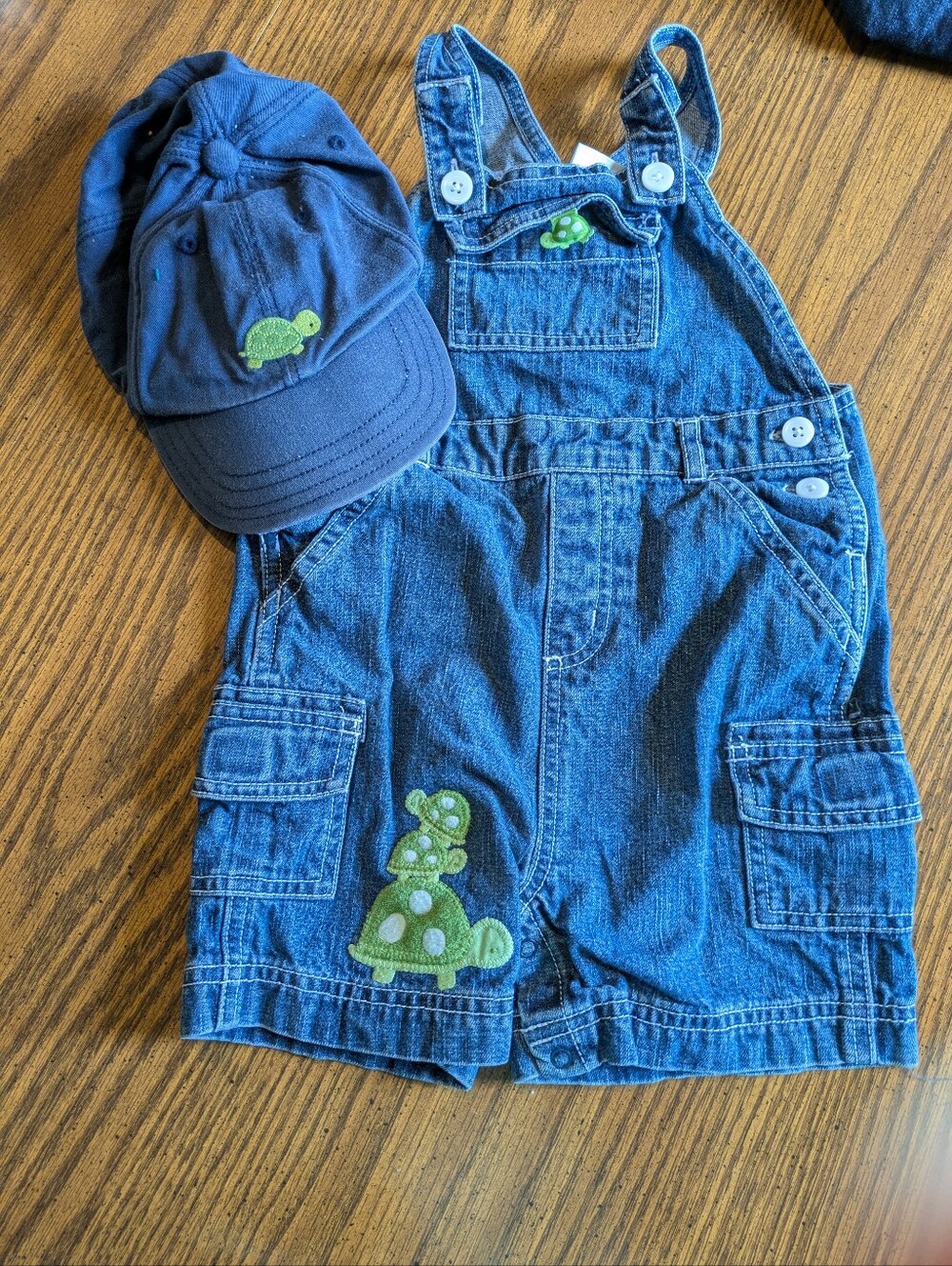 Toddler Denim Overalls Shortalls with Turtle Patch & Matching Cap - Blue & Green